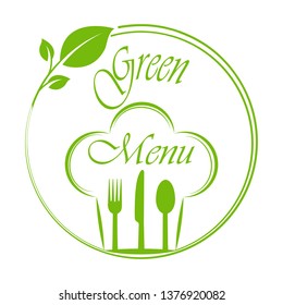 circle with leaves, Cutlery and a chef's hat with the inscription Green Menu. Blank for menu, flat design
