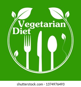 Circle with leaves and Cutlery labeled Vegetarian Diet. Blank for menu, flat design
