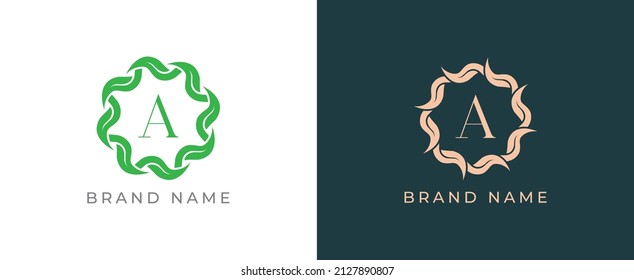 Circle of Leaves Logo icon symbol with Letter A. Vector logo template