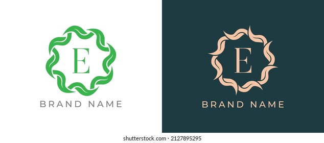 Circle of Leaves Logo icon symbol with Letter E. Vector logo template