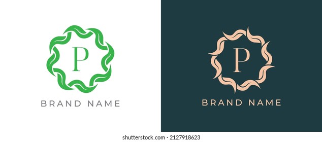 Circle of Leaves Logo icon symbol with Letter P. Vector logo template