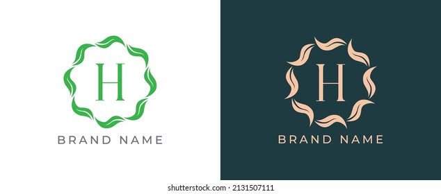 Circle of Leaves Logo icon symbol with Letter H. Vector logo template