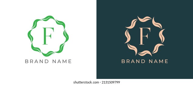 Circle of Leaves Logo icon symbol with Letter F. Vector logo template