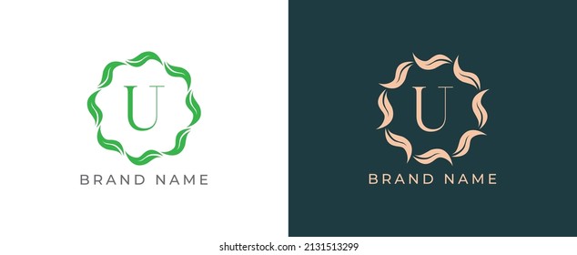 Circle of Leaves Logo icon symbol with Letter U. Vector logo template