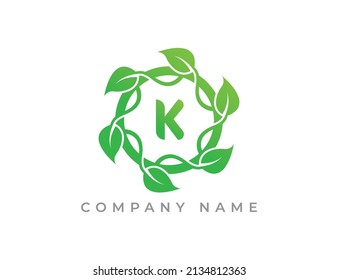 Circle of Leaves Logo icon symbol with Letter K. Vector logo template