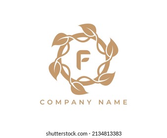 Circle of Leaves Logo icon symbol with Letter F. Vector logo template