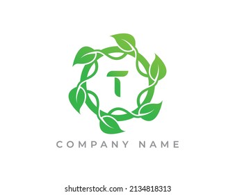 Circle of Leaves Logo icon symbol with Letter T. Vector logo template