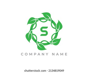 Circle of Leaves Logo icon symbol with Letter S. Vector logo template