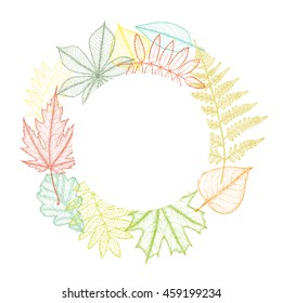 Circle from leaves with space for text. Hand drawing. Vector illustration