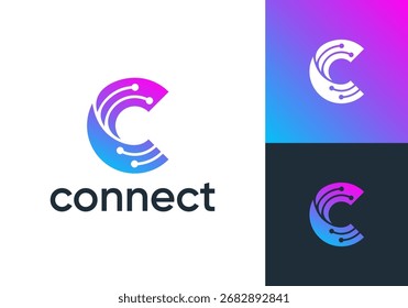 Letra de círculo Logo de conexión C. Diseño de Vector de icono de icono de conectividad de tecnología de señal de red	
