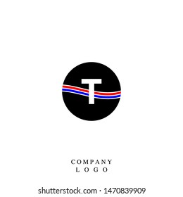 circle letter T business logo element. technology badge symbol in red, black and blue colors. abstract logotype template