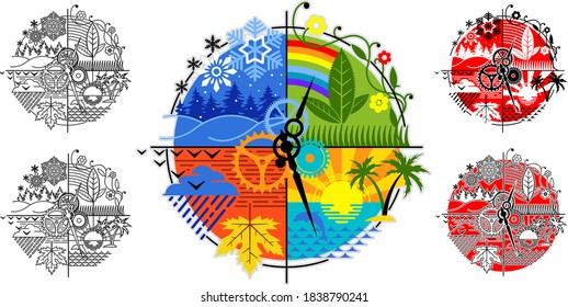 Circle of life. All seasons cycle symbol. Spring, summer, autumn, winter. Hands of the life clock. Vector illustration.
