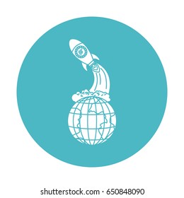 circle light blue with earth globe and space rocket launching vector illustration