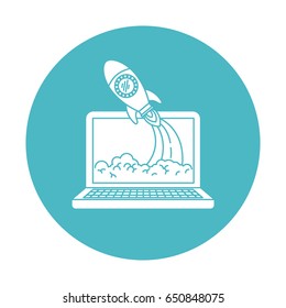 circle light blue with laptop computer and space rocket vector illustration