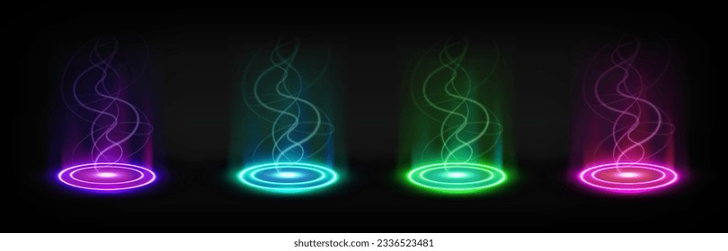 Circle light effect hologram glow magic portal. Energy mist in futuristic teleport ring. Hud technology fantasy round platform with projector and spiral steam power twirl. Aura shine orb hole stage