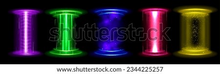 Circle light effect magic game hologram portal. Neon energy orb beam podium for teleport with stardust. 3d futuristic technology screen platform with glitter and shine for fantasy time travel