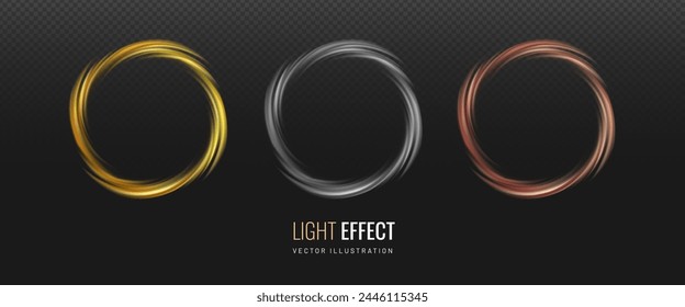 Circle light effect on transparent background. Set of spiral lines in metal colors gold, silver, copper - decorative element. Vector illustration