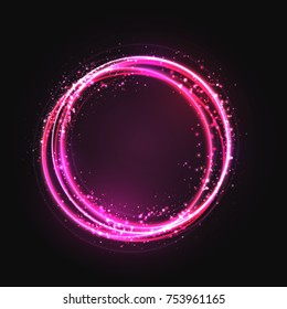 Circle light effect with round glowing elements, particles and stars on dark background. Shiny glamour design elements for the Christmas, night party, birthday party - for banners, flyers