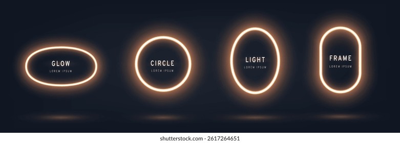 Circle Light frame set. Gold glowing border. Bright neon design elements on black background