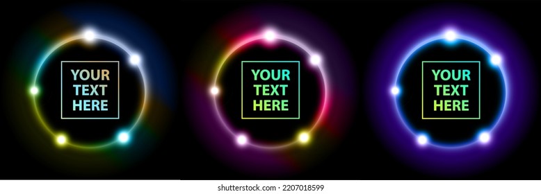 Circle light growing effect. Round neon frame, abstract background with blue, yellow, green and pink lights, luminous swirling. Elegant glowing circle. Sparking particle. vector illustration.  