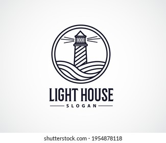 circle light house line art logo design illustration