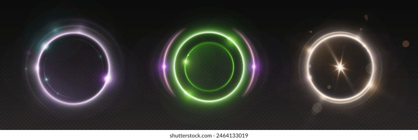 Circle light ring. Halo neon glow effect vector. Flare shine portal with magic energy in purple and green color. Space ball round frame. Radial orb design. Planet sparkle with lens on edge graphic