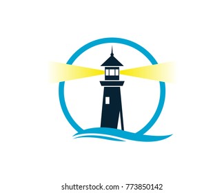 Circle Lighthouse on the Beach with Wave Water Sea Ocean Logo