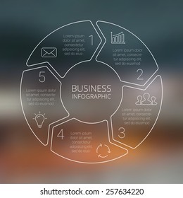 Circle line arrows infographic. Template for cycle diagram, graph, presentation and round chart. Business concept with 5 options, parts, steps or processes. Linear graphic. Blur vector background.