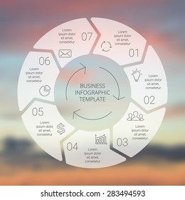 Circle Line Arrows Infographic. Template For Cycle Diagram, Graph, Presentation And Round Chart. Business Concept With 7 Options, Parts, Steps Or Processes. Linear Graphic. Blur Vector Background.