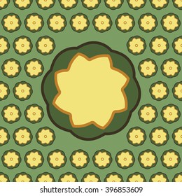 Circle line border frame. Contour flower on green background and repeating stylized yellow water lily flowers. Space for invitations, promotional poster or greeting cards text. Vector illustration eps
