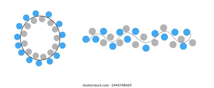 El círculo y la línea están decorados con bolas grises y azules sobre un fondo blanco