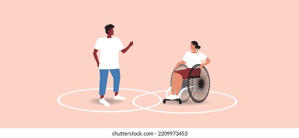 Circle Line As Healthy Personal Boundaries In Inclusive Couple, Flat Vector Stock Illustration Isolated, Wheelchair Accessible