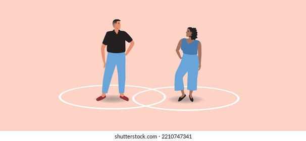 Circle Line As Healthy Personal Boundaries In Couple, Flat Vector Stock Illustration, Male And Female Isolated