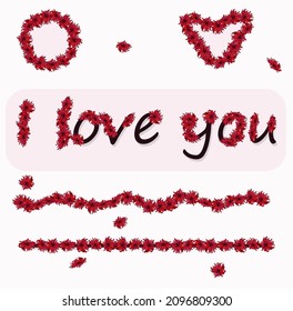 Circle, line, heart and the inscription: I love you, collected from small red flowers on a white background, vector pattern for decor