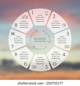 Circle line infographic. Template for cycle diagram, graph, presentation and round chart. Business concept with 8 options, parts, steps or processes. Linear graphic. Blur vector background.