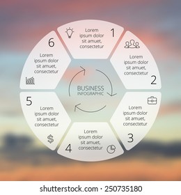 Infografía de la línea circular. Plantilla para diagrama de ciclo, gráfico, presentación y gráfico circular. Concepto de negocio con 6 opciones, piezas, pasos o procesos. Gráfico lineal. Desenfocar fondo vectorial.