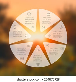 Circle line infographic. Template for cycle diagram, graph, presentation and round chart. Business concept with 7 options, parts, steps or processes. Linear graphic. Blur vector background.