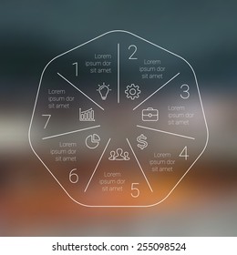 Circle line infographic. Template for cycle diagram, graph, presentation and round chart. Business concept with 7 options, parts, steps or processes. Linear graphic. Blur vector background.