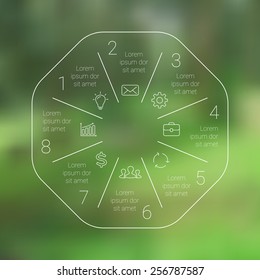 Circle line infographic. Template for cycle diagram, graph, presentation and round chart. Business concept with 8 options, parts, steps or processes. Linear graphic. Blur vector background.