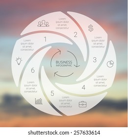 Circle line infographic. Template for cycle diagram, graph, presentation and round chart. Business concept with 6 options, parts, steps or processes. Linear graphic. Blur vector background.