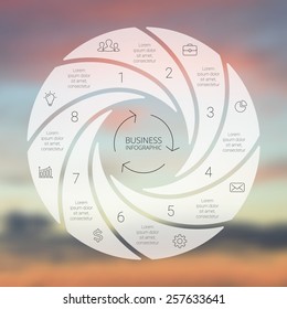 Circle line infographic. Template for cycle diagram, graph, presentation and round chart. Business concept with 8 options, parts, steps or processes. Linear graphic. Blur vector background.