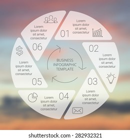 Circle line infographic. Template for cycle diagram, graph, presentation and round chart. Business concept with 6 options, parts, steps or processes. Linear graphic. Blur vector background