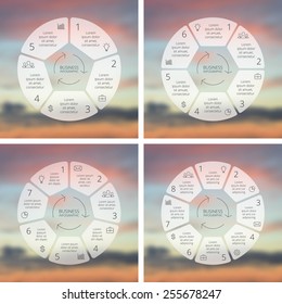 Circle line infographics set. Template for cycle diagram, graph, presentation and round chart. Business concept with 5, 6, 7, 8 options, parts, steps or processes. Linear graphic. Blur vector