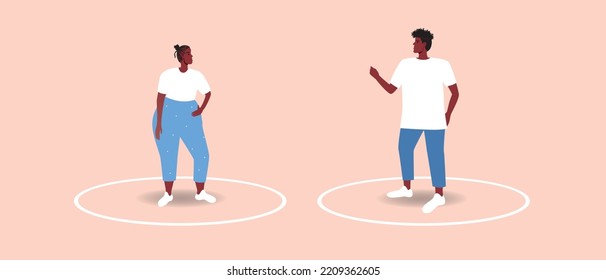 - Circle line as personal boundaries in African pair, flat vector stock illustration as self-space concept