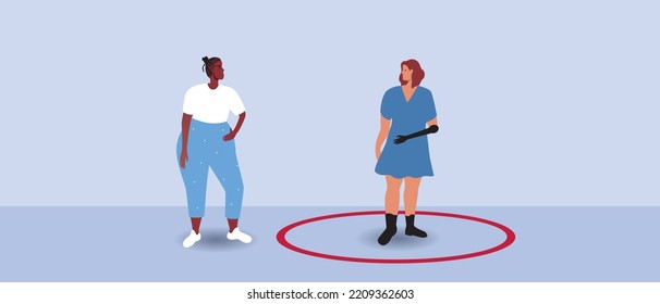 Línea circular como límites personales en la comunicación entre la persona africana y la mujer discapacitada, ilustración de la existencia de vectores planos