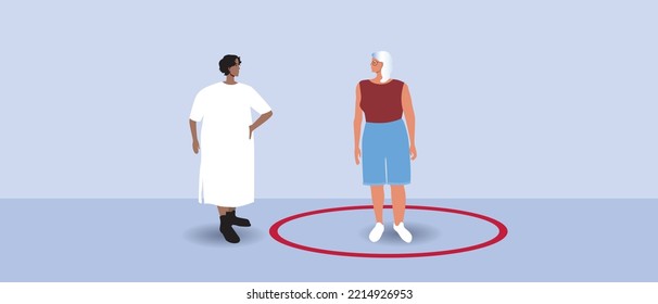 Circle line as personal boundaries in communication of relative or elderly woman, flat vector stock illustration