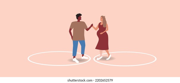 Circle line as personal boundaries in couple, flat vector stock illusion isolated, concept of trust and affection between pregnant woman and African man