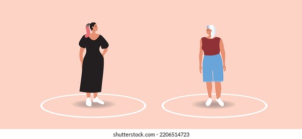 Línea circular como límites personales en pareja, ilusión de stock vectorial plano aislada, distancia psicológica de mujeres de diferentes edades