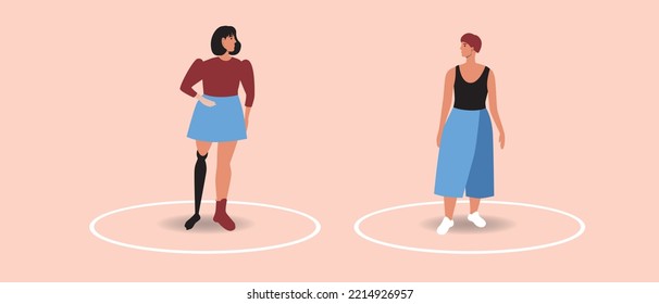 Circle line as personal boundaries in inclusive LGBTQ couple, flat vector stock illustration
