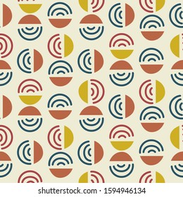 Circle and line shapes abstract modern seamless pattern. Blue yellow repeat background for wrap, textile and print vector geometric design.